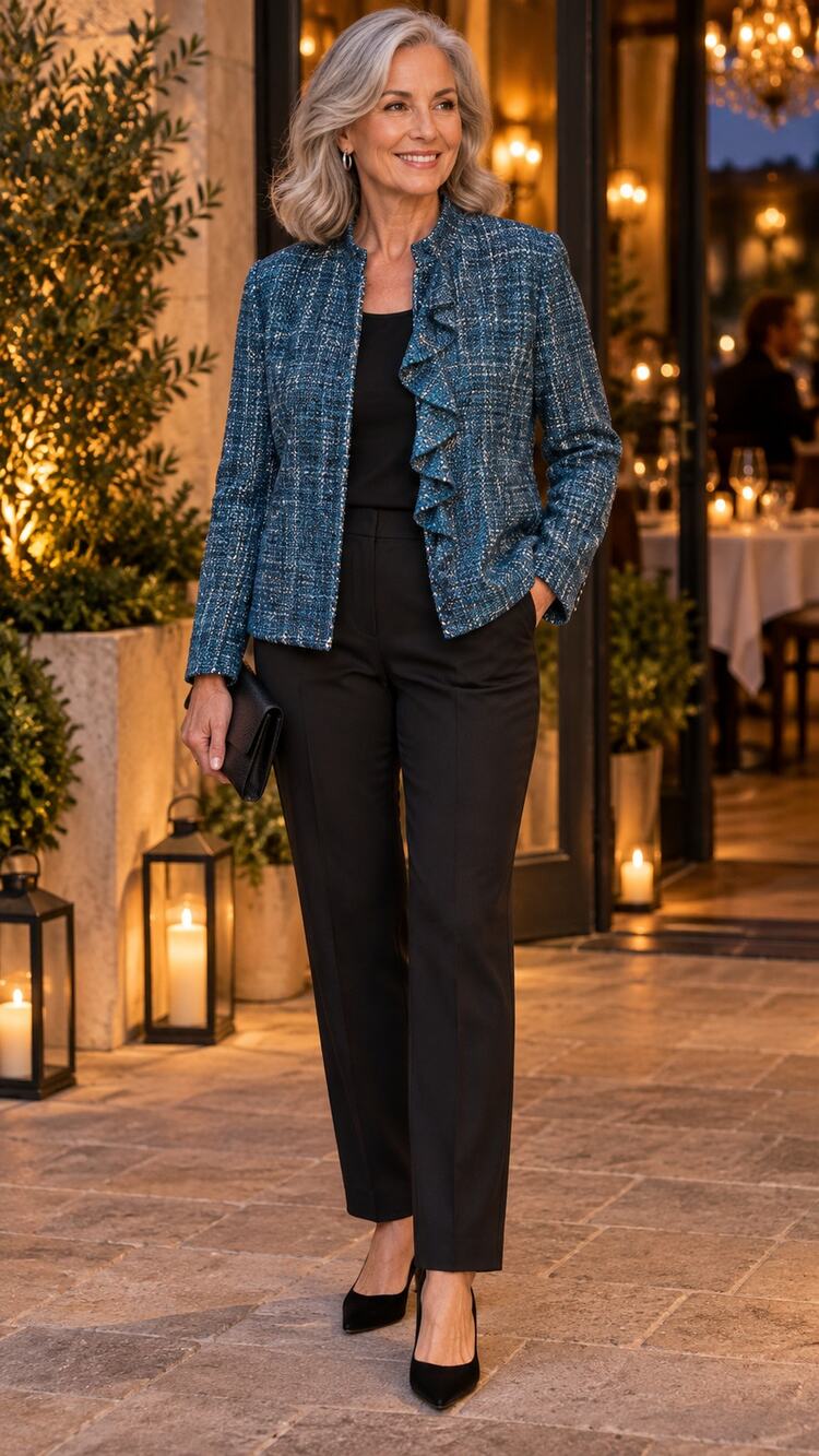 Chico’s Blue Tweed Ruffle Front Jacket Size XL Dinner Office Lined Evening